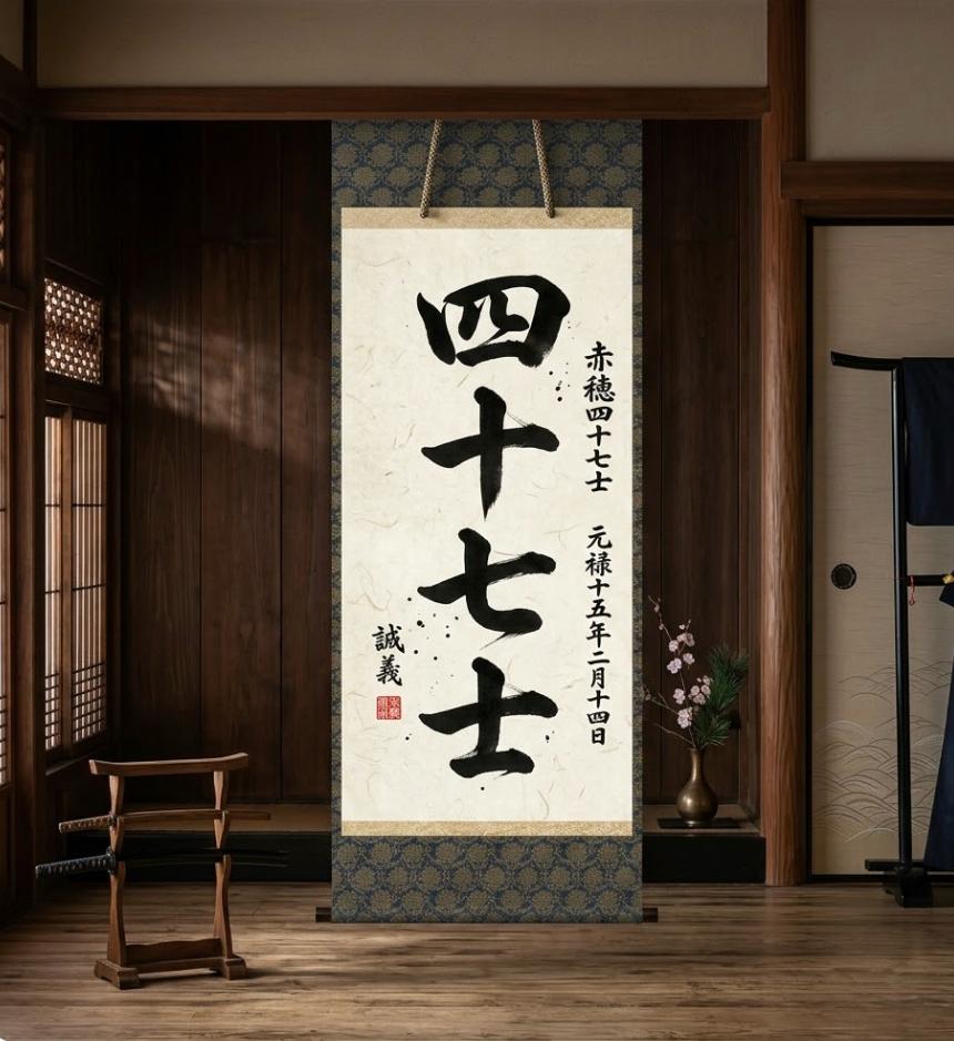Hanging scroll with Japanese calligraphy reading ‘四十七士’ — the 47 Ronin